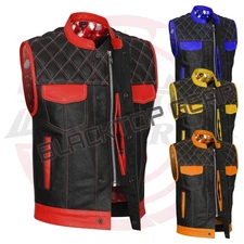 Black Men Cross Stitch Club Leather Vest Ykk Zipper Conceal Carry Pockets