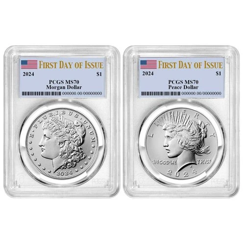 2pc Set - 2024 $1 Morgan and Peace Silver Dollar PCGS MS70 FDOI Flag Label