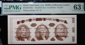 1970's PMG Certified MS63 EPQ GIORI Test Note $2 $5 $50 Currency NICE Note !  NR