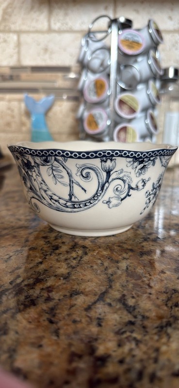White & Blue Bird & Floral Pattern Porcelain Round Bowl, Approx. 7 in