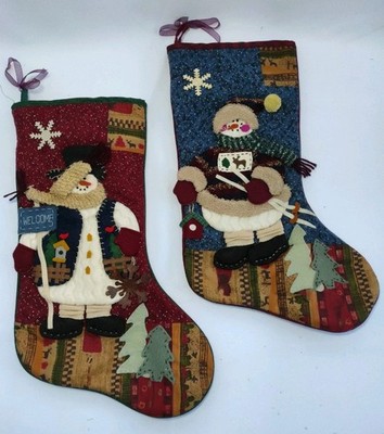 Schneemann Applikation Weihnachtsstrümpfe schönes Vintage Paar Handarbeit 3D Filz 