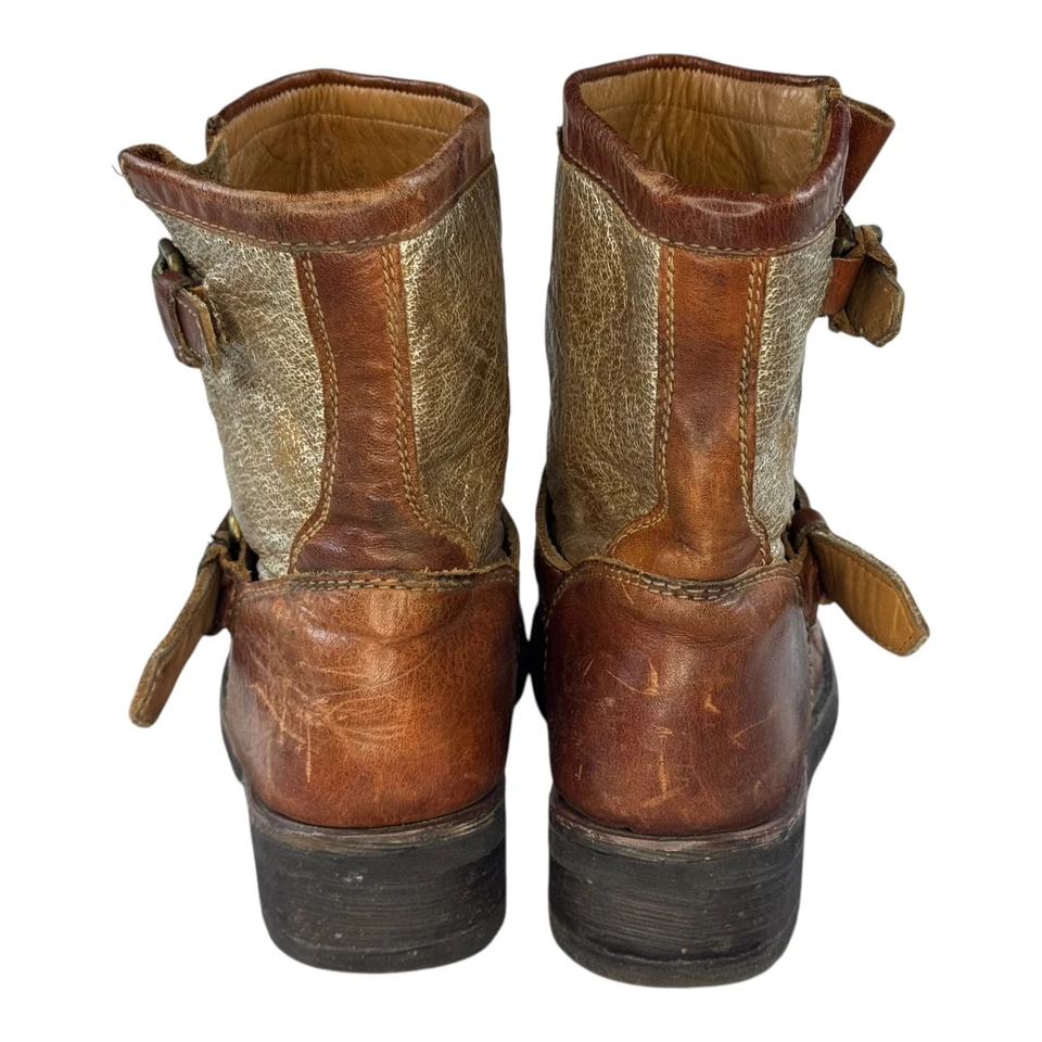 Botas Ash Mujer 10 Cuero Envejecido Hebilla de Montar Pull On Comfort Moto Dorado Foto 2 de 4