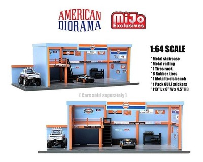 1/64 American Diorama Garage Diorama Auto World GULF Stickers Included AD-76531