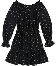 Michael Kors Womens Signature Ruffled Off-Shoulder Dress, Black, X-Small