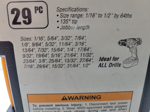 WARRIOR , 61885, DRIL SET, HIGH SPEED, 1/16 TO 1/2" X 64ths, 29 PC. (B4) - Picture 8 of 10