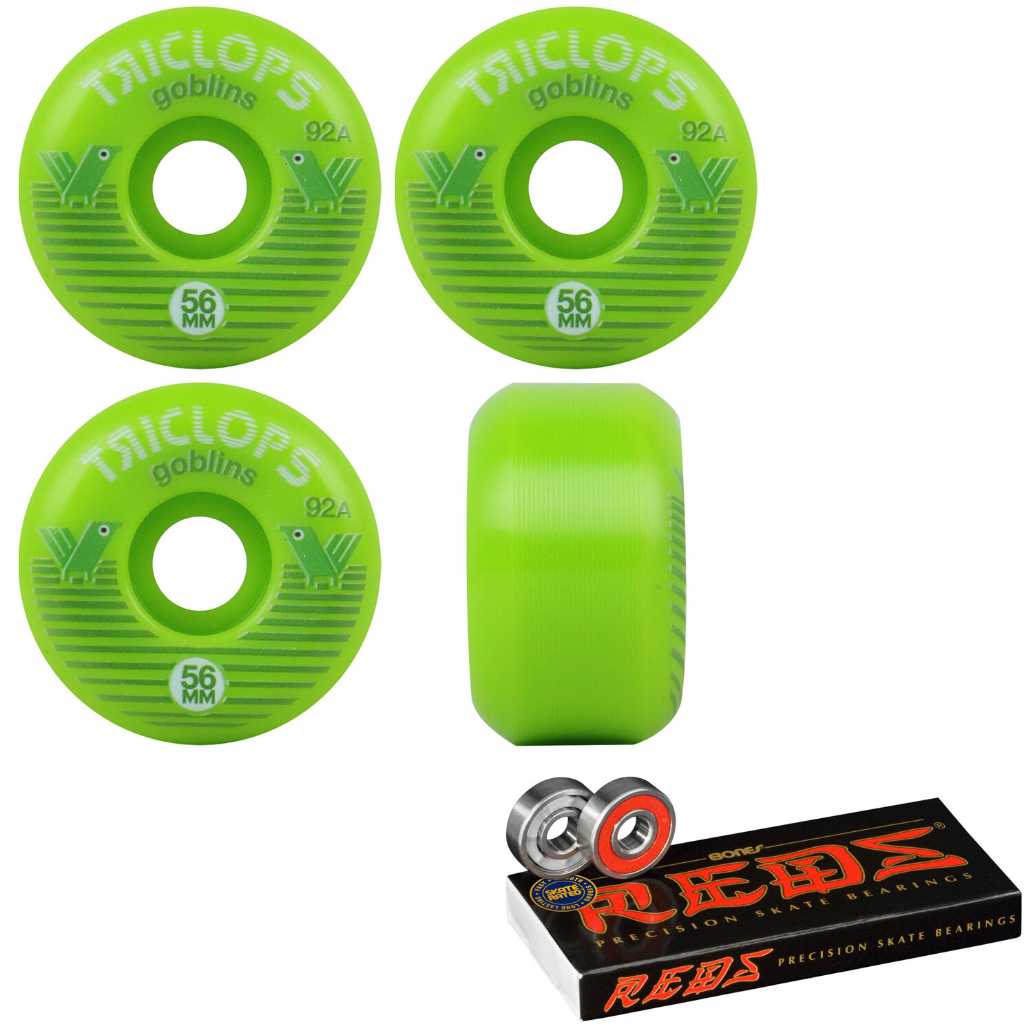 Triclops Skateboard Wheels Goblin 56mm 92A with Bones Reds Bearings