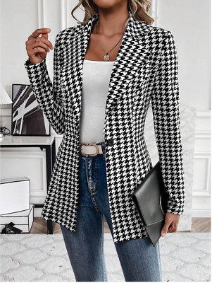 Clasi Women's Houndstooth Check Waist Slimming Blazer Jacket Sz S M L XL