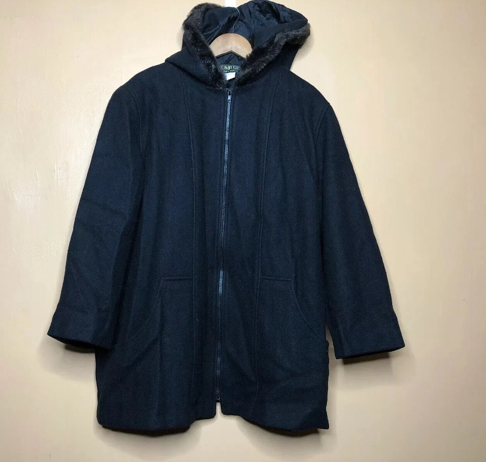  Komitor Women's Size P 26/28 Coat Black Hooded Wool Zip Front  - Image 2 of 4
