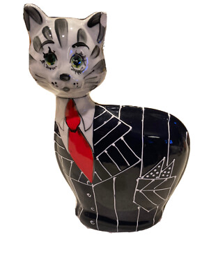 TUROV ART CERAMICS RARE BLACK CAT WHITE POLKADOTS  FIGURINE HAND PAinted
