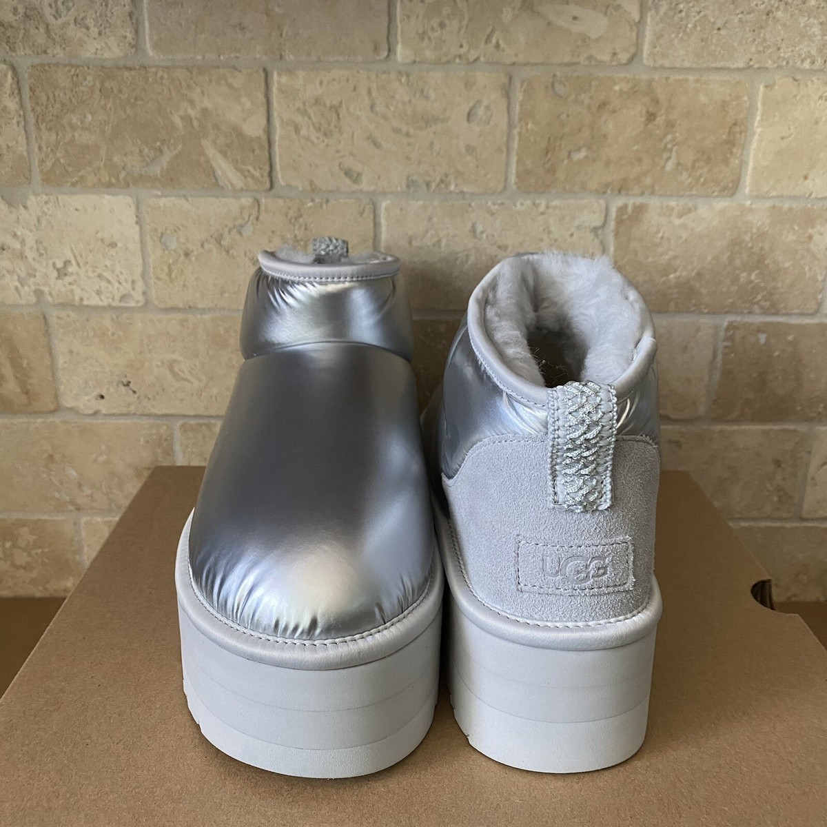 UGG Classic Ultra Mini Platform Hi Shine Silver Textile Fur Boots