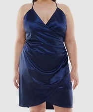 $69 Speechless Women's Blue Trendy Satin Faux-Wrap Dress Plus Size 14W
