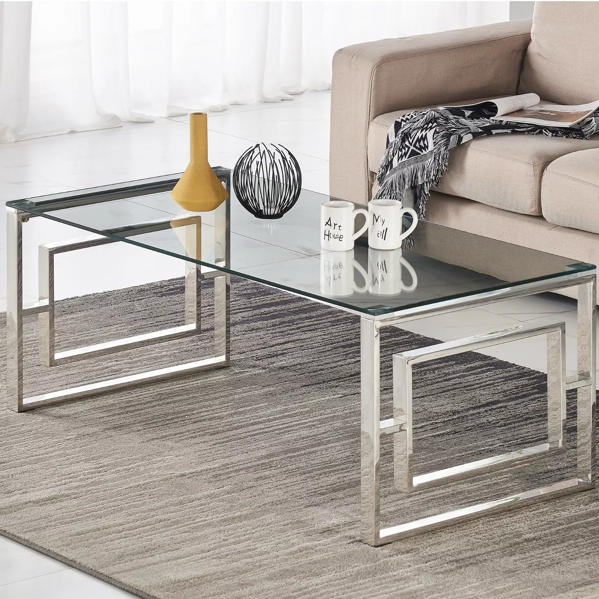 Glass Coffee Table with Clear Tempered Glass and Chrome Inner