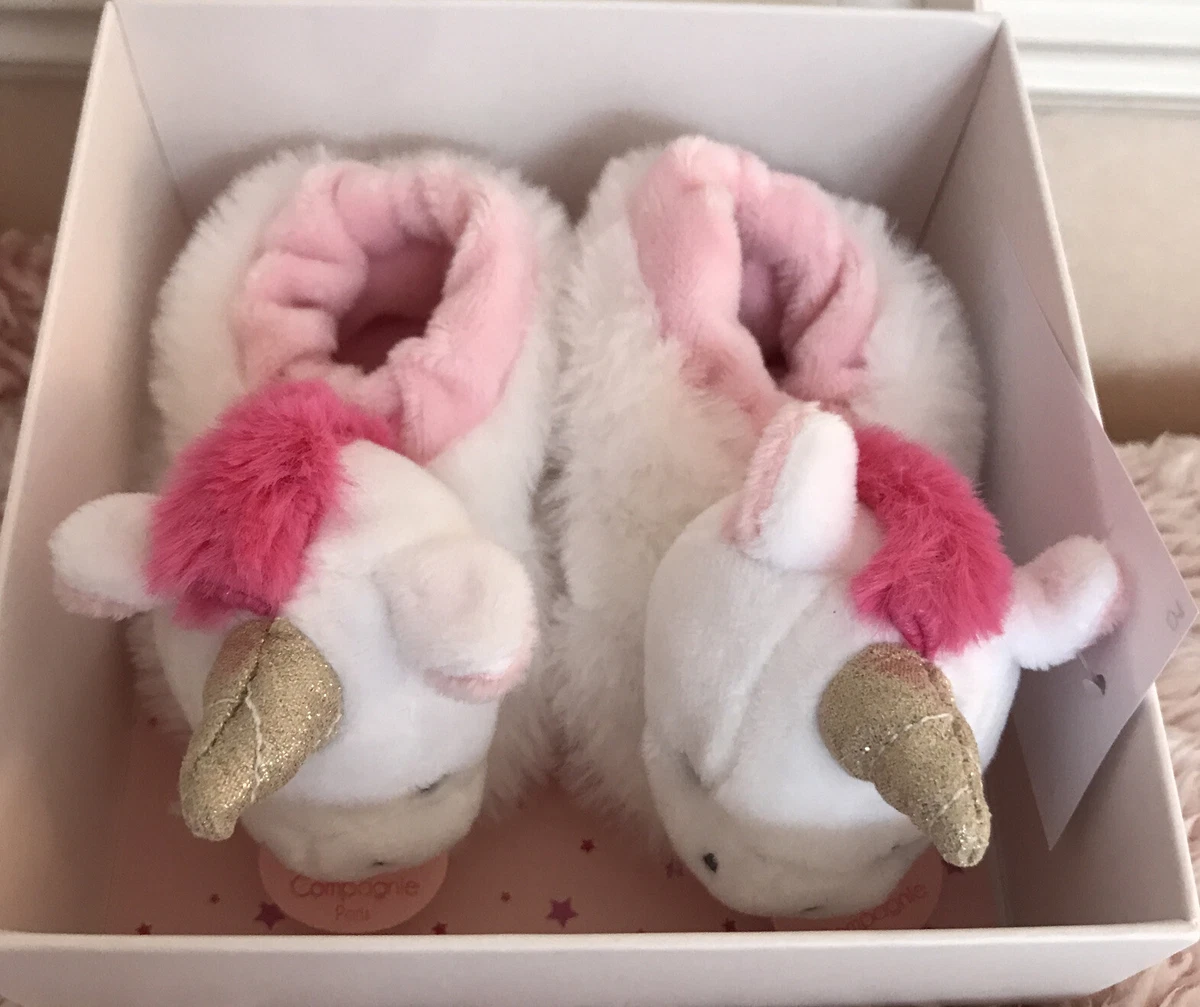 Doudou Et Campagnie Boxed White Baby 0 6 Months Unicorn Slippers With Rattle