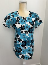 Nurse Mates Womens Size Small Scrub Medical Top - White with Black Blue Flowers