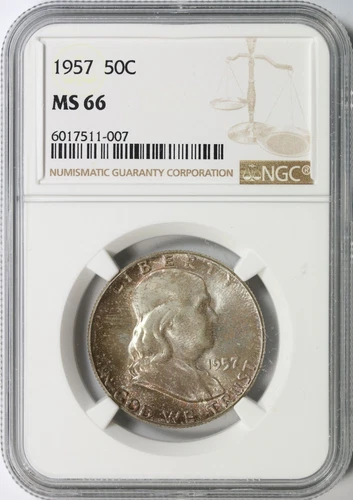 1957 50c Franklin Silver Half Dollar NGC MS66 Light Color Toned