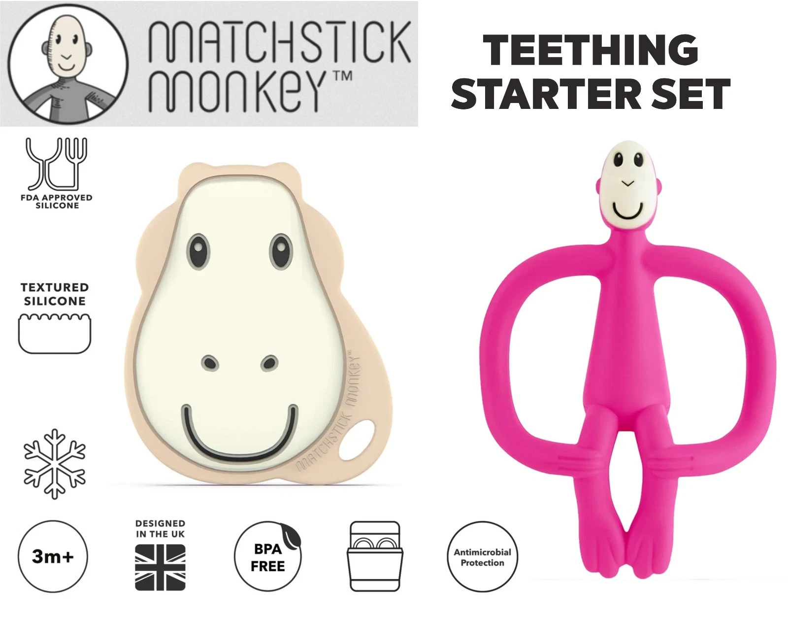 Teething Starter Set Matchstick Monkey Antimicrobial 1 x Monkey 1 x Flat Teether
Opens in a new wind