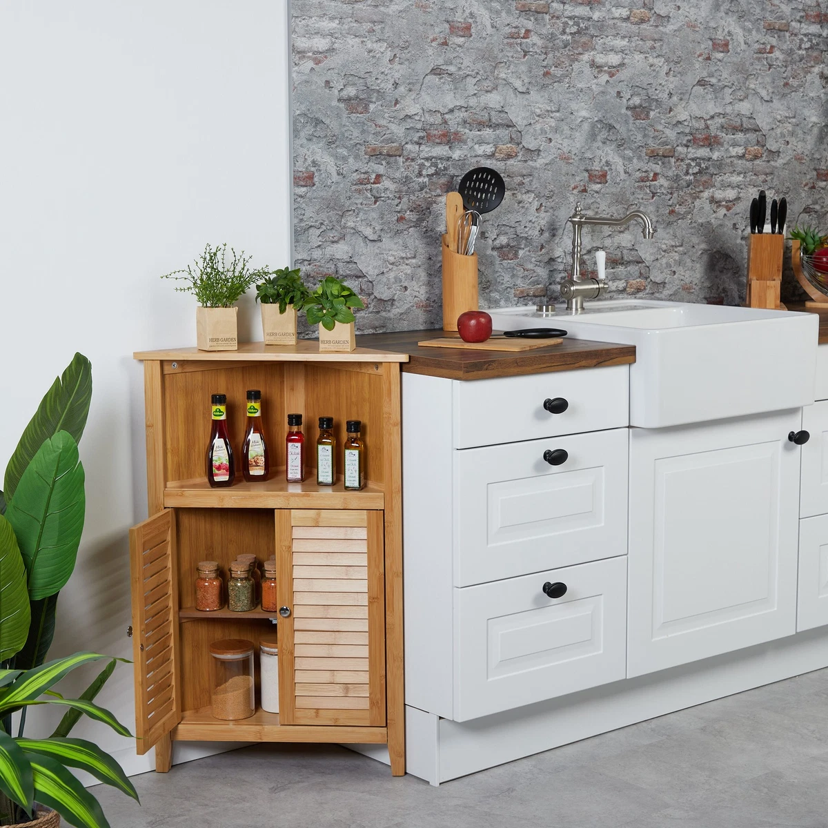 Armario de esquina cómoda de baño cómoda de esquina 3 compartimentos bambú armario de cocina armario de baño