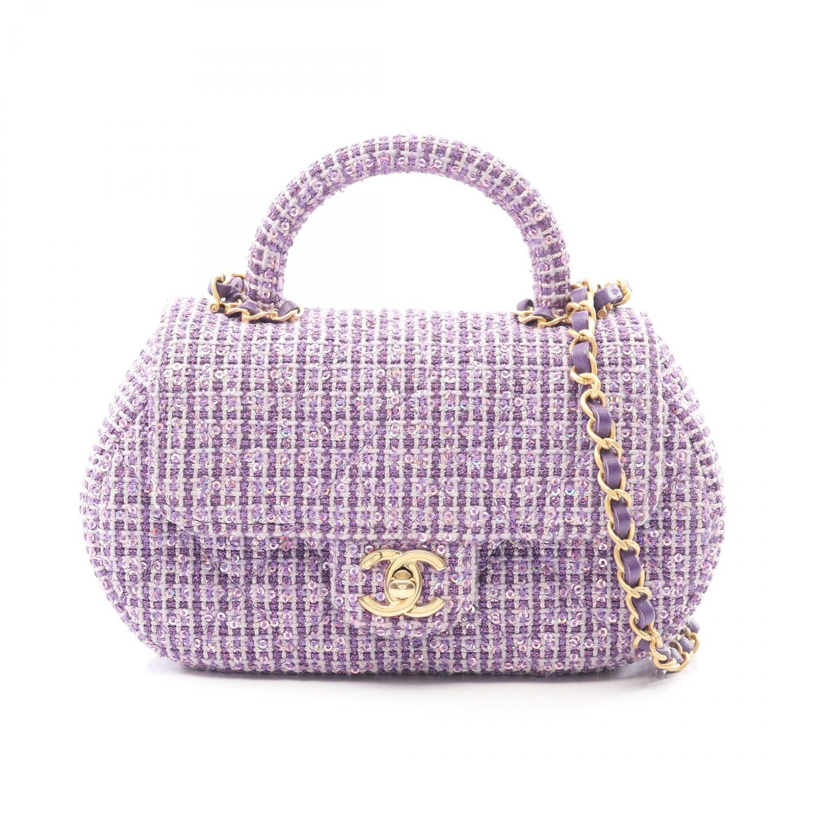 CHANEL Matelasse Top Handle chain crossbody Shoulder Bag tweed Purple Used Women