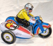 Vintage Collectible Clockwork Motorcycle With Sidecar Wind-Up Tin Litho Toy