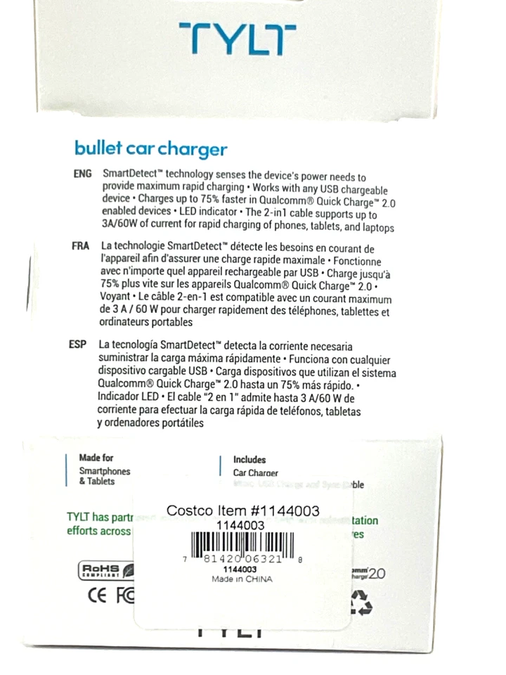 TYLT Bullet Car Charger 2.4A 20W + USB-A Port 4x Fast Charges New - Image 2 of 4