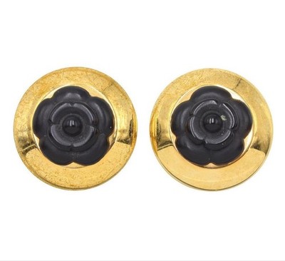 Chanel Camellia Round Pierced Earrings T2497 Gold Black 1.4in Made in France