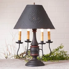 Jamestown Colonial Table Lamp Punched Tin Metal Shade in  Black Red Stripe
