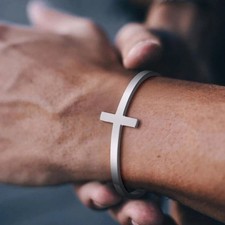 Stainless Steel Sideways Cross Open Cuff Bangle Bracelet Unisex Minimalist Jewel