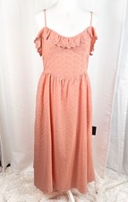 Lulus Peach Pink Eyelet Cotton Midi Dress Ruffle Sweetheart Bustier Pockets S