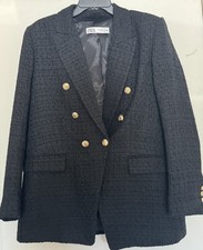 Zara Women s XL Black Tweed Double Breasted Blazer Gold Crest Buttons
