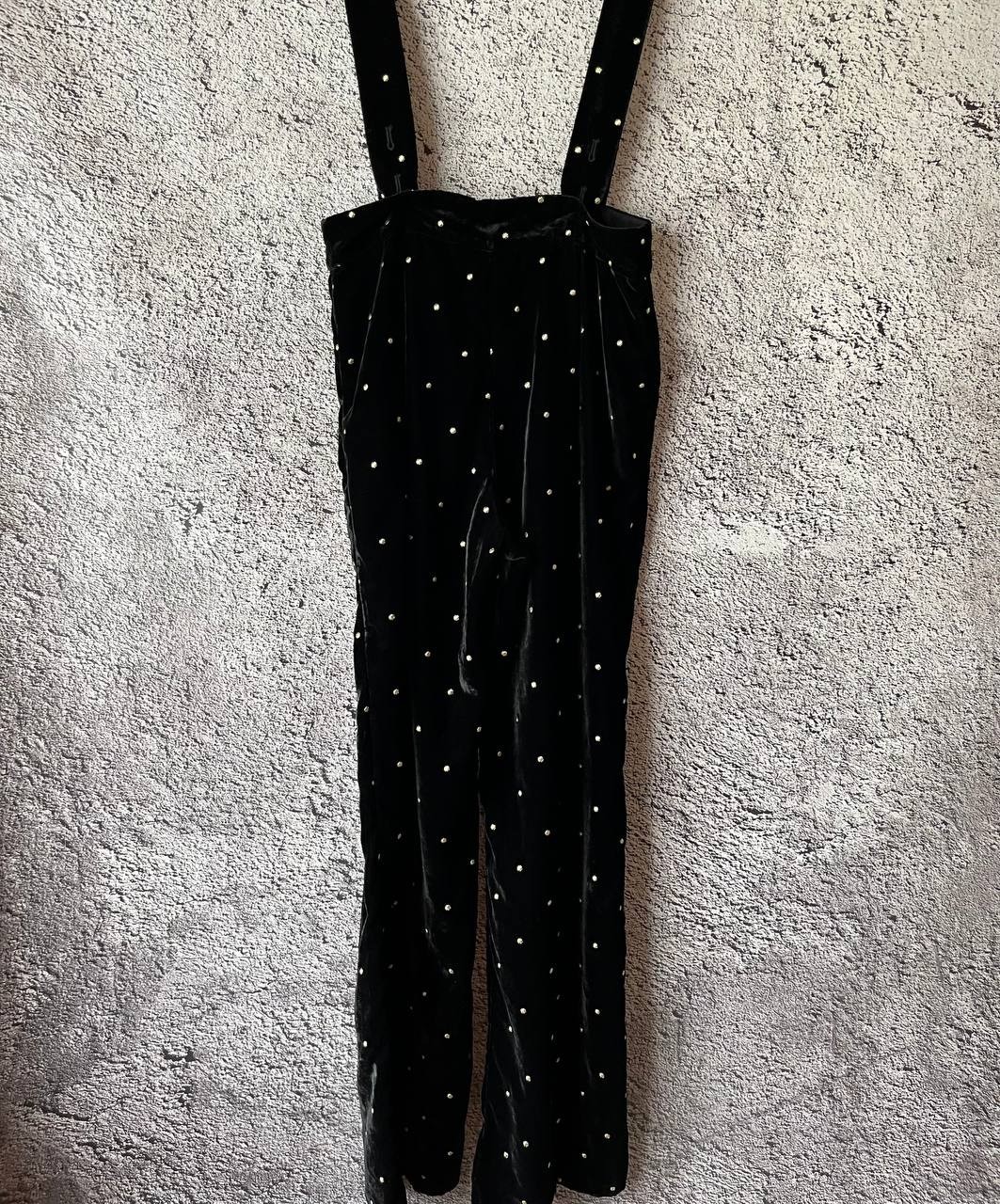 Sézane Black Velvet Gold Polka Dot Suspender Trousers High Waist Size 36 EU image 2