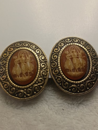 Vintage Gold tone West Germany Three Graces Cameo Clip On Earrings