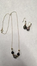 Vintage Gold-Plated Black Cloisonne Jewelry Set; 16" Necklace & Earrings (1105)