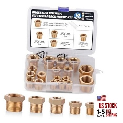 18PCS Brass Fitting Kit,1/4'' - 1/8'', 3/8'' - 1/8'',3/8'' - 1/4'',1/2'' - Hex Bushing