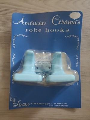 Lenape Ceramic Bathroom Robe Hooks, Light Blue with Clips, NOS