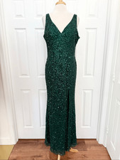 Mac Duggal V-Neck Low V Back Emerald Beaded High Slit Sequin Gown 12
