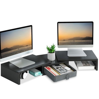 TEAMIX Dual Monitor Stand Riser with Drawer - Length and Angle Adjustable Dou...