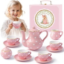 Tea Party Set for Little Girls Ages 3-8, Pink Heart Porcelain Tea Set with Go...