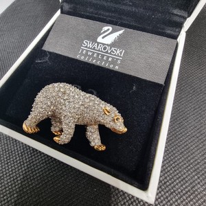 Authentic Swarovski Signed Polar Bear Pin Brooch Gold Plated with Clear Crystals