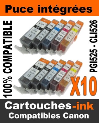 10 Cartouches Compatibles Pour Canon Pixma MG5150 - PGI525 CLI526 Avec Puces, Multicolores