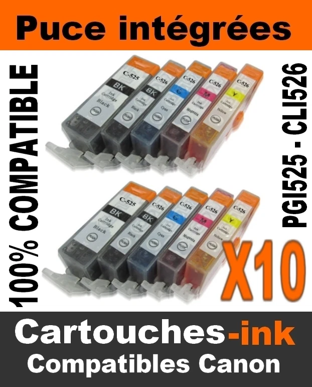 LOT DE 10 CARTOUCHES COMPATIBLES CANON PGI525 ET CLI526 POUR PIXMA MG 5250 - Photo 1/1