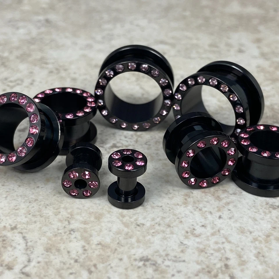 Par de Túneles Tornillos Negro con Circonita Rosa Juego Medidores Tapones ELIGE EL TAMAÑO Foto 2 de 2
