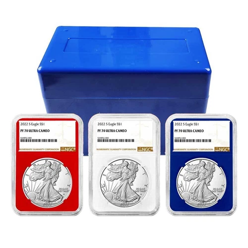 2022-S Proof $1 American Silver Eagle 3pc Set NGC PF70UC Brown Label Red Whit...