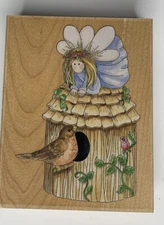 Bird In Birdhouse With Blue Fairy 4.5” X 3.5”Stamps Happen Wood Stamp Spring