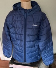 Kid  s EDDIE BAUER Blue Puffer Hoodie Down Alternative Jacket, Size Small 7/8 