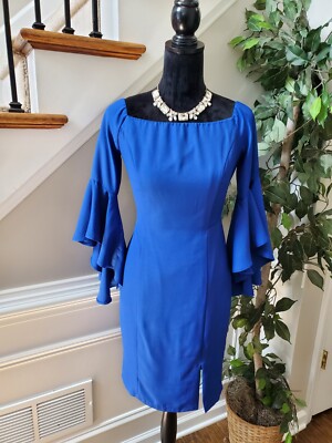 Venus Women's Blue Polyester Square Neck Long Sleeve Knee