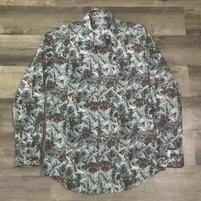 Coton Doux Men s Dress Shirt 41 18 Green Button Hidden Tiger AOP