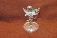 HAND BLOWN GLASS CUPID w/ RED JEWELED ARROW, 24k GOLD ACCENTS & MIRRORED BASE