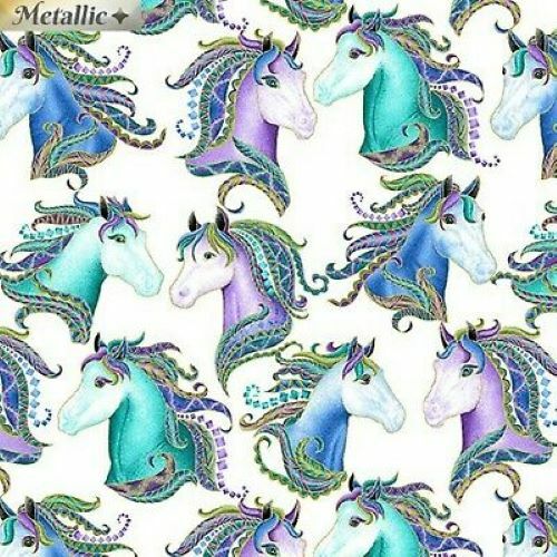 Fat Quarter 'Horsen Around' Metallic Horse Heads 100% Cotton Fabric