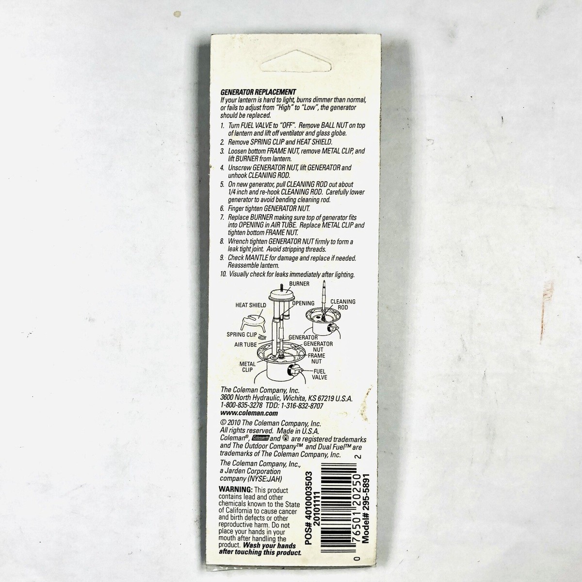 NOS Coleman Generator # 295-5891 for Coleman Unleaded Fuel Lantern