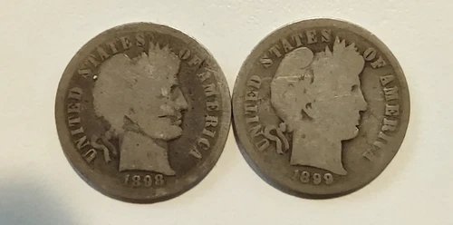 1908 1899 Barber Dime Silver Lot of 2 Coins 10C Variety Circulated Uncertified